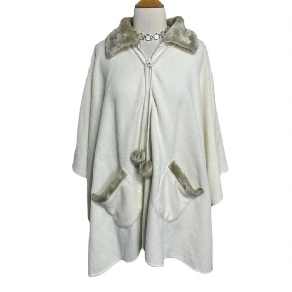Ivory fleece and tan fake fur OS front zip cape poncho with pom poms & pockets